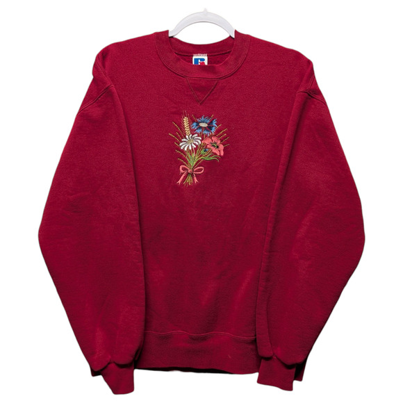 90s Red Flower Embroidered Fall Granny Crewneck Sweatshirt - Picture 1 of 5